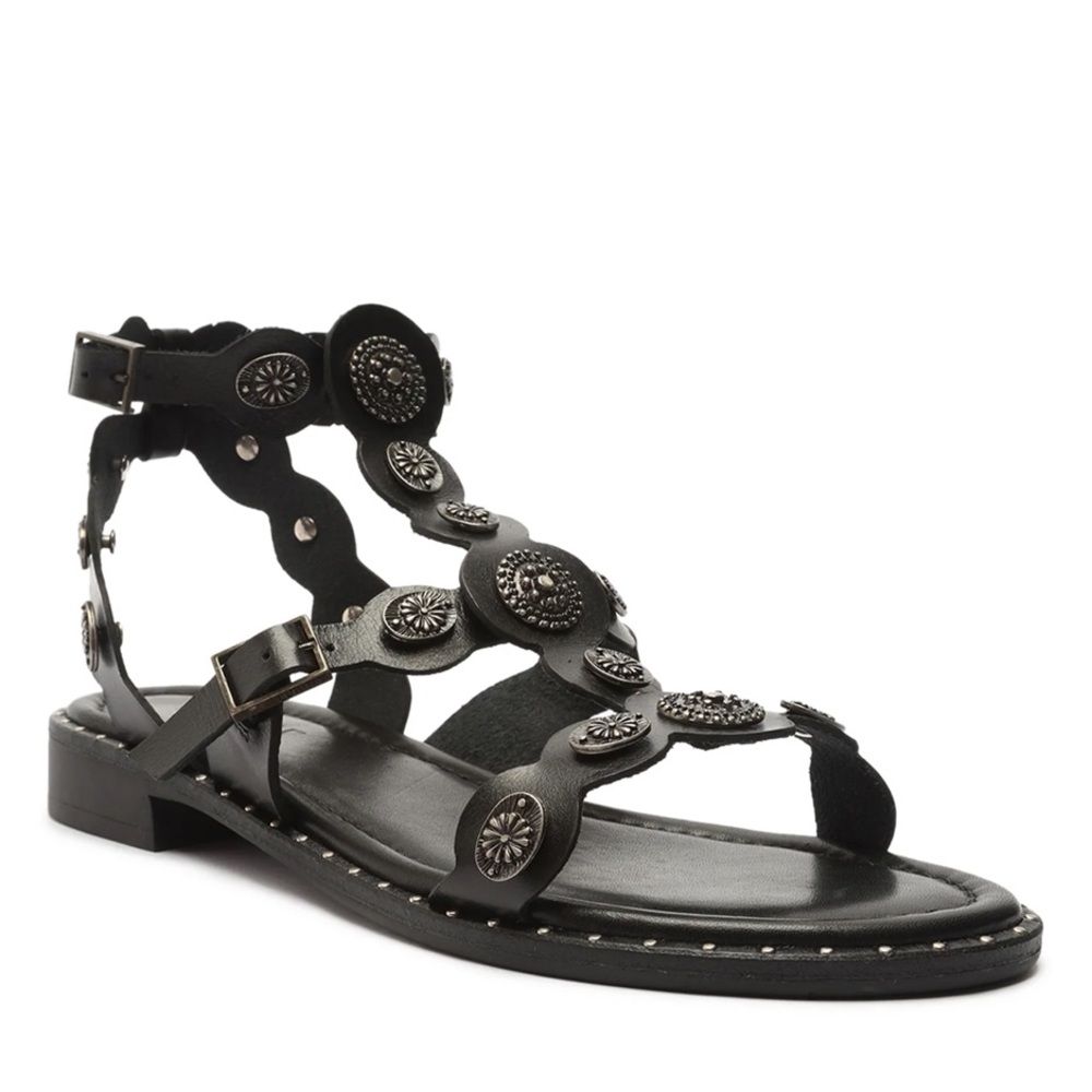 SCHUTZ Black Leather Medallion Gladiator Sandals